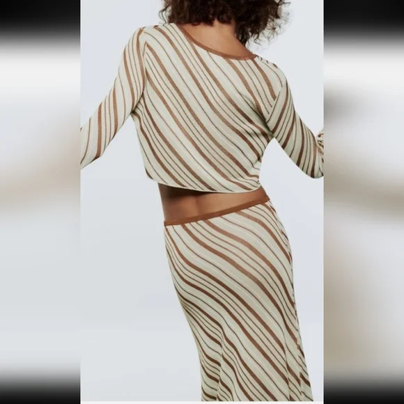 Zara Stripe Knit Top & Skirt Co Ord Set Size Large Green/ Brown Skirt Sets